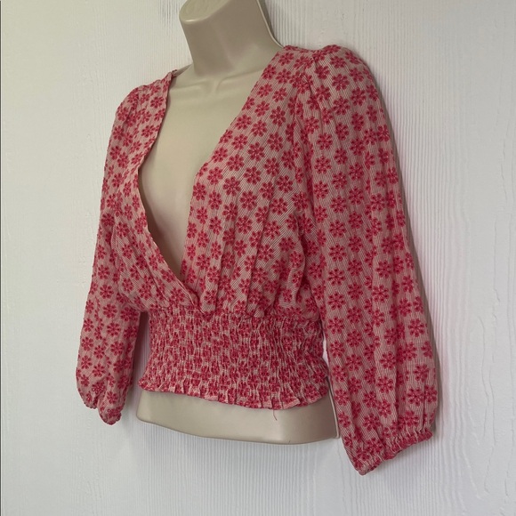 Zara - NWT Floral Print V Neck Smocked Waistband Quarter Sleeve Blouse Small - Picture 5 of 11